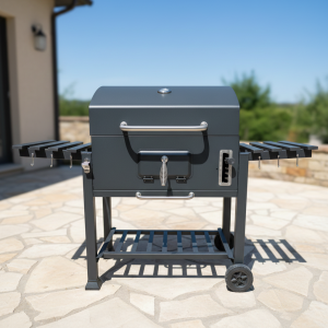 Parrilla Carbón  Tapa y Ruedas + Termómetro + 2 bandejas laterales