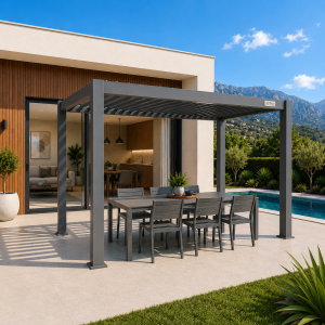 Pack Terraza Premium Pérgola Bioclimática 4x3 + Mesa Auto Extensible y 6 Sillas