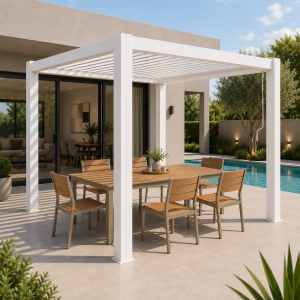 Pack Terraza Premium Pérgola Bioclimática 4x3 + Mesa Extensible y 6 Sillas